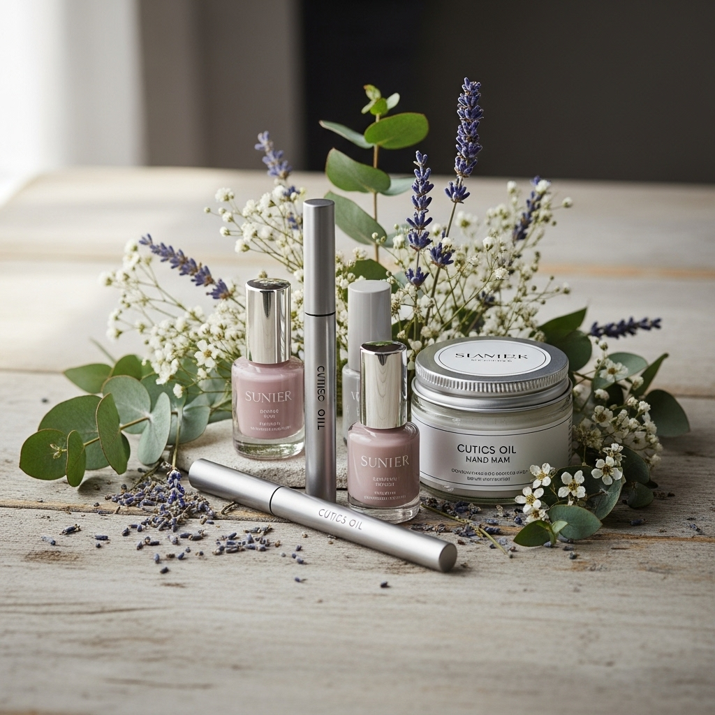 Display of Spyxxorwhral premium nail products arranged artistically with botanical elements