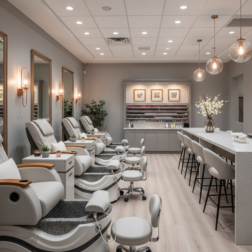 Spyxxorwhral Nail Salon elegant interior with soft lighting and modern design elements
