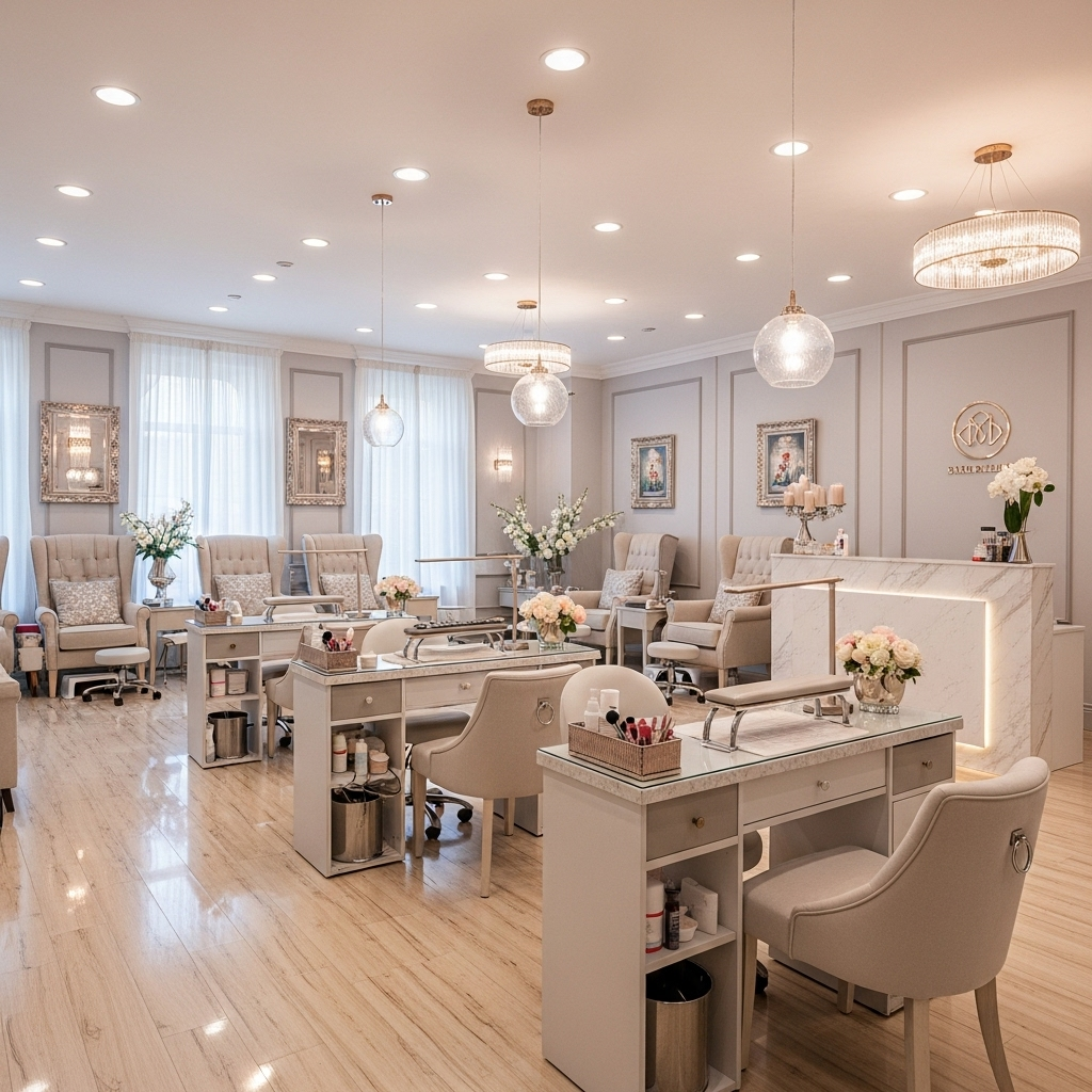 Spyxxorwhral Nail Salon interior featuring elegant decor and comfortable seating